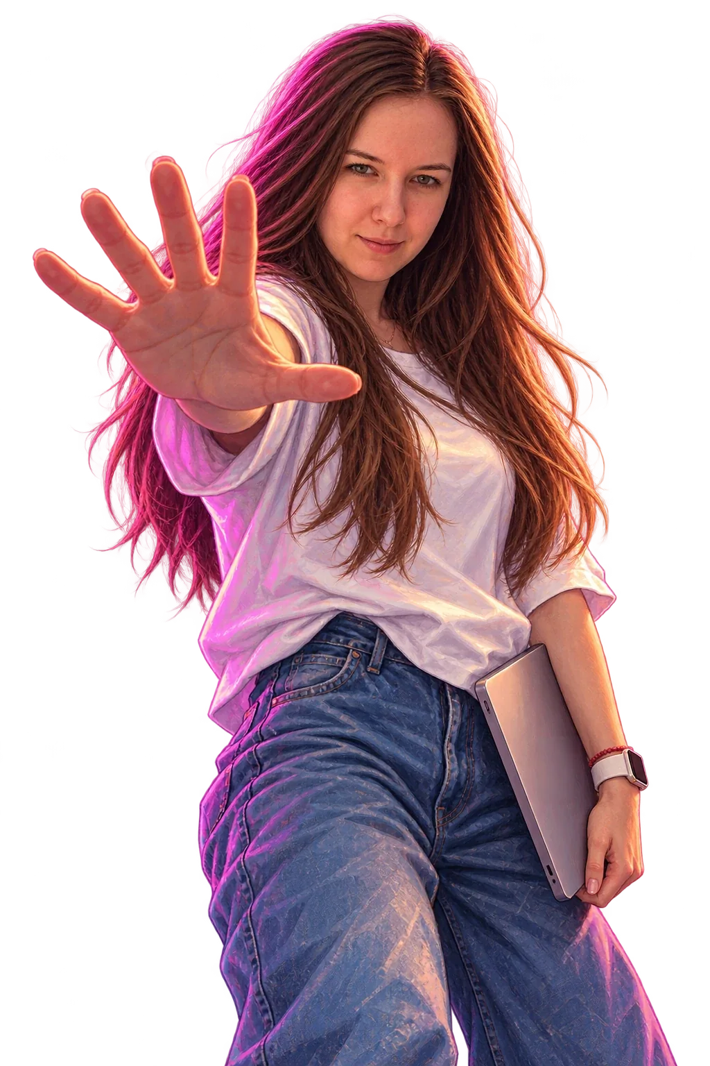 Illustrated Anna in a white T-shirt and jeans, holding a closed laptop and raising an open palm toward you
