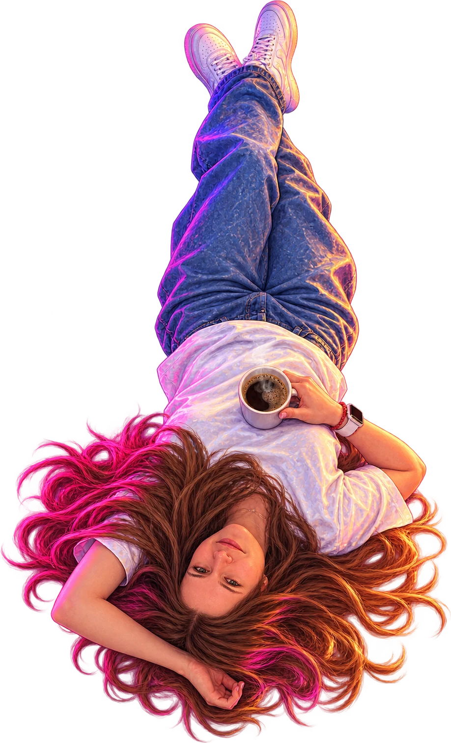 Anna Haiduk, web designer, lying on the grass with a coffee